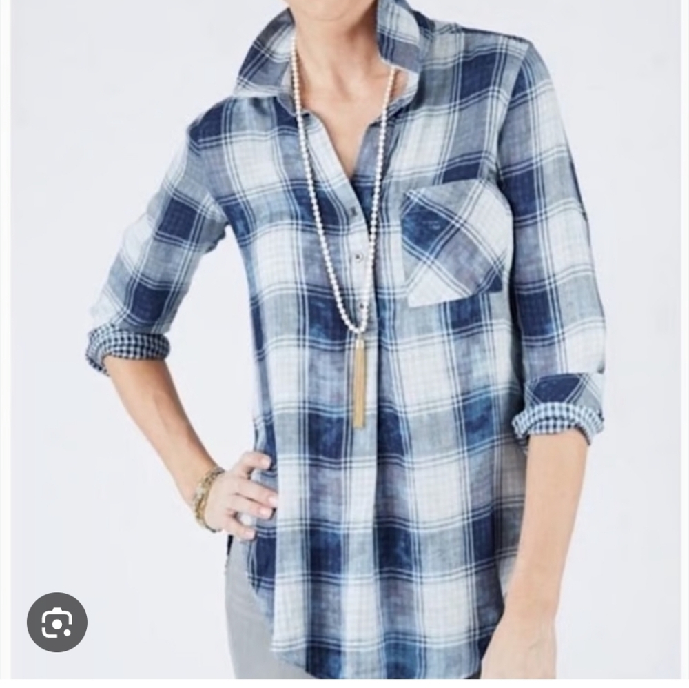 Cloth & Stone Plaid Hi-Lo Blouse Top Gingham Buttondown Western Flowy Rodeo Boho